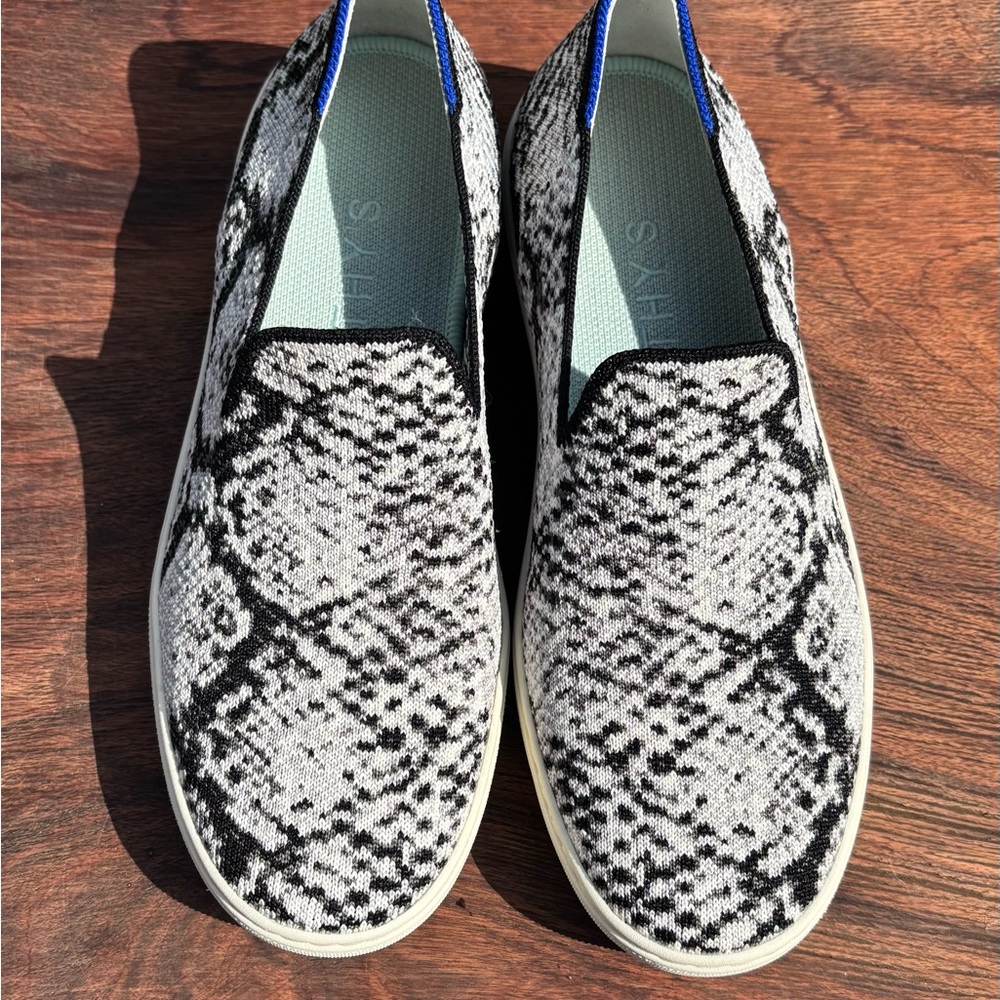 Rothy’s Black and White Casual Loafers with Snakeskin Pattern